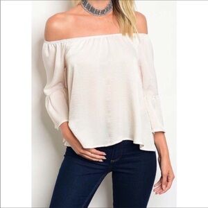 Cropped Ivory Off Silky Sexy The Shoulder Top Silky Small Ruffle Bell Sleeve